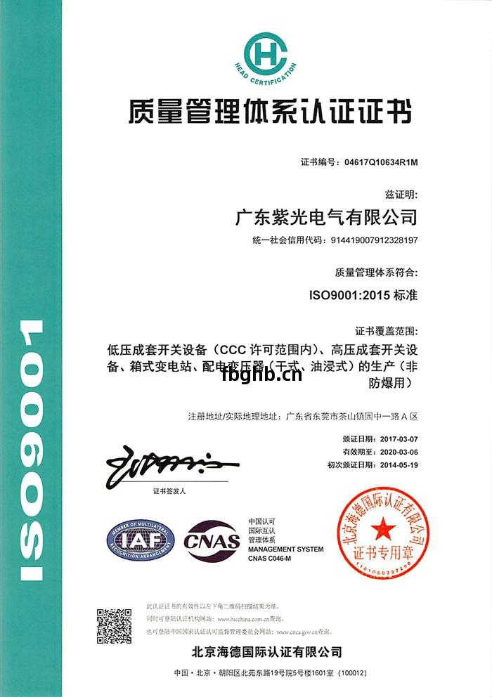 紫光電(dian)氣(qi)ISO9001質量管理體系證(zheng)書